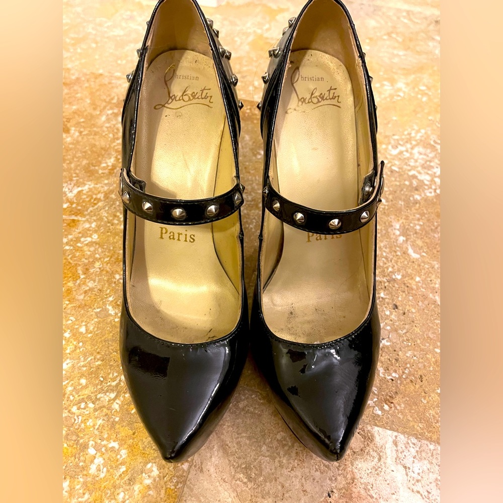 Christian Louboutin black studded Mary Jane platform pumps, size 37.